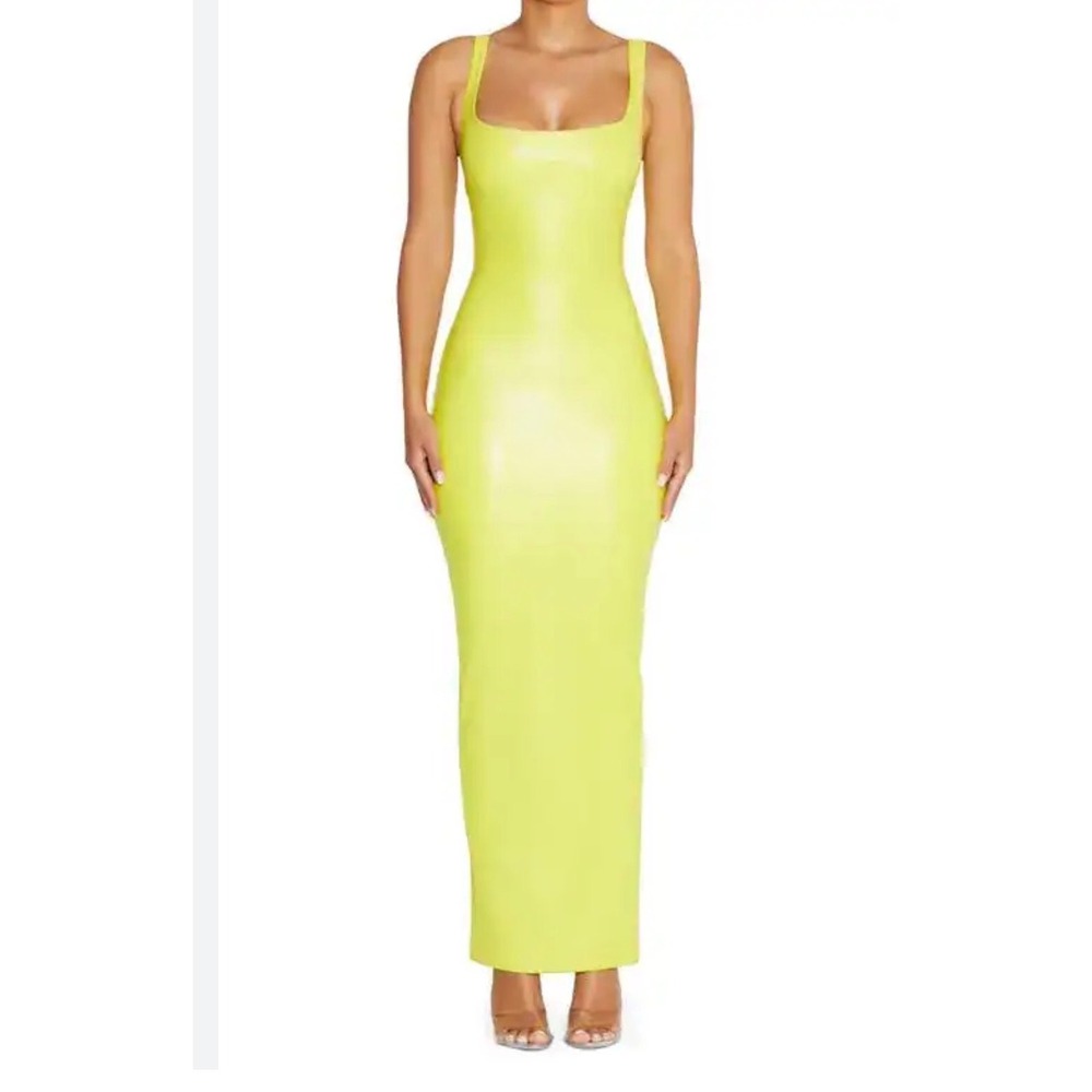 Naked Wardrobe Maxi Dress sz M Neon Yellow Faux Leather cyber punk Y2K